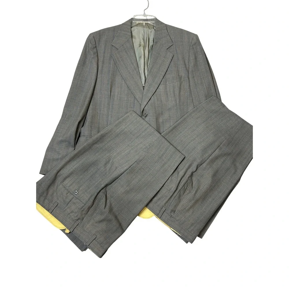 Vintage Mens Grey Striped Two Button Wool Blend Suit Blazer‎ and Trousers Set
